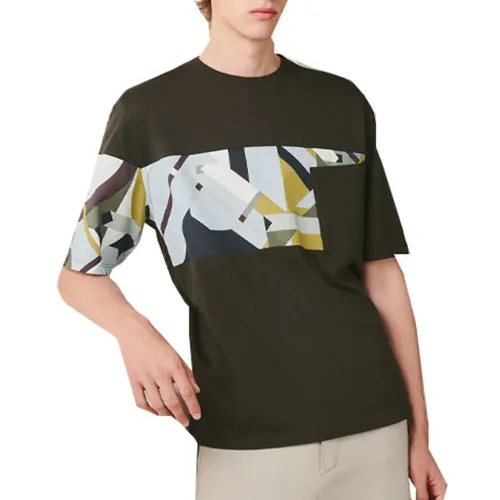 HERMES T Shirts Men's Khaki Crew Neck Moderate Straight Fit