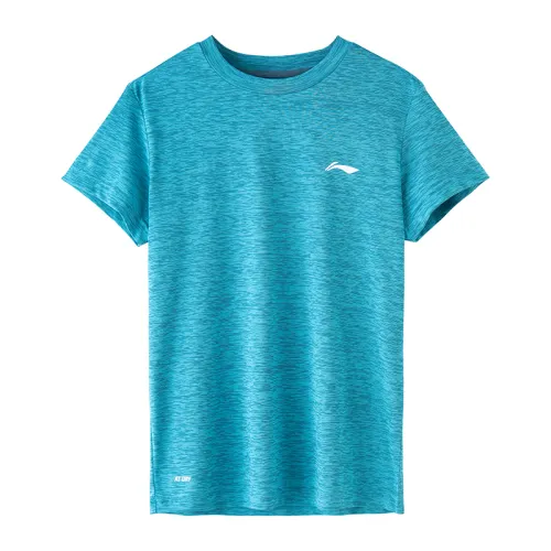 Li Ning Training Series T Shirts Men's Lake Blue Crew Neck Thin Straight Fit