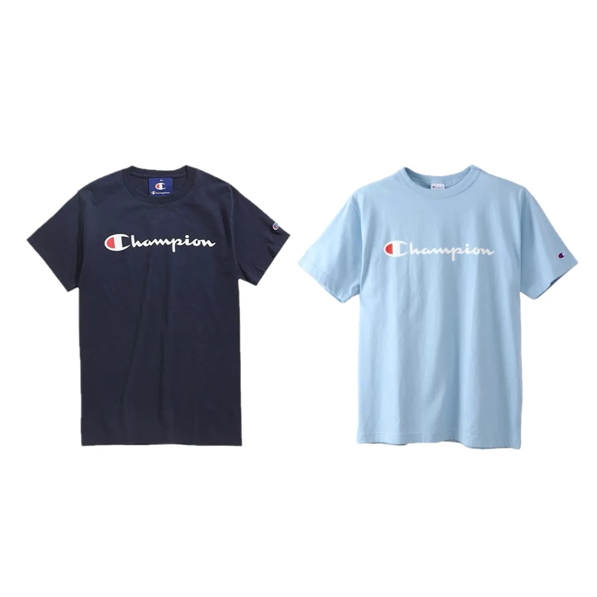 Champion T-Shirts Unisex Navy Blue+Sky Blue Crew Neck Moderate Straight Fit