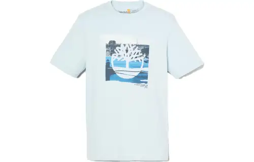 Timberland T Shirts Men's Light Blue Crew Neck Moderate Straight Fit