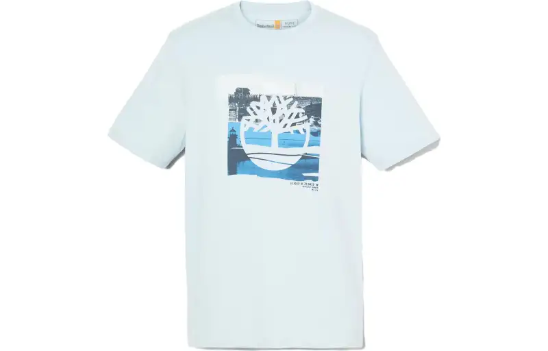Timberland T Shirts Men's Light Blue Crew Neck Moderate Straight Fit