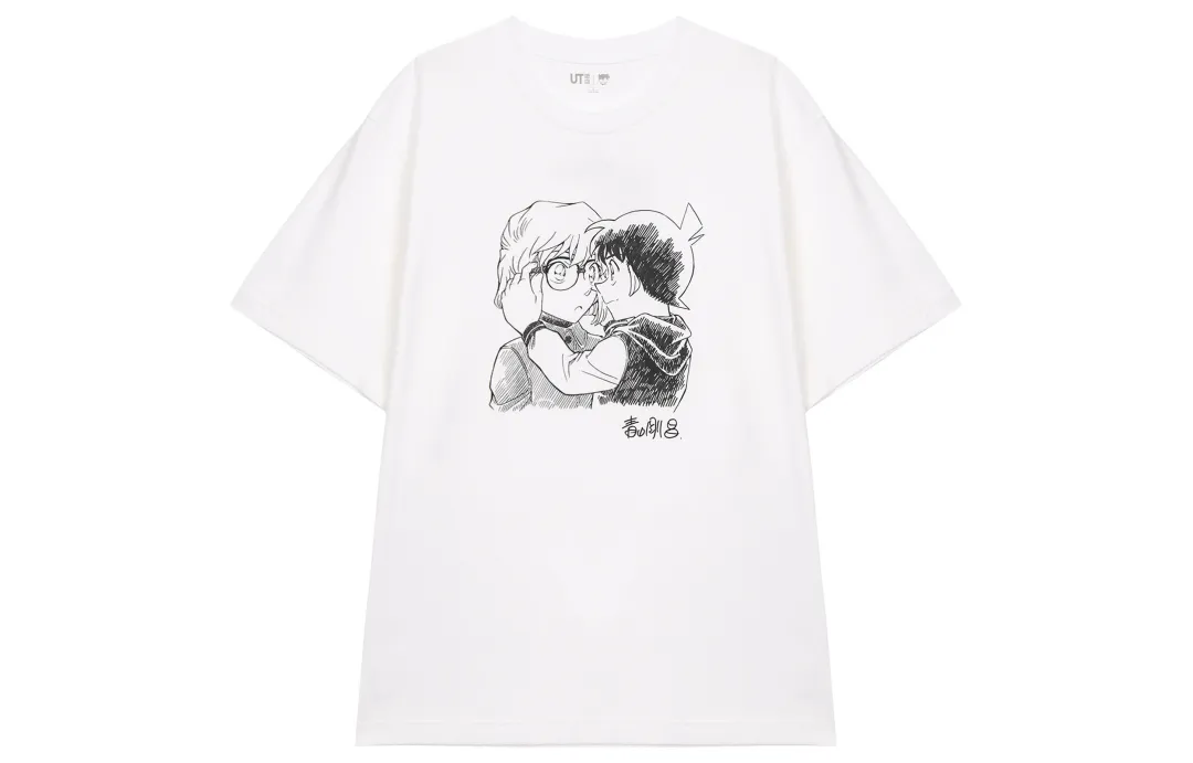 UNIQLO Detective Conan Co Branded T Shirts Unisex White Crew Neck Moderate Straight Fit