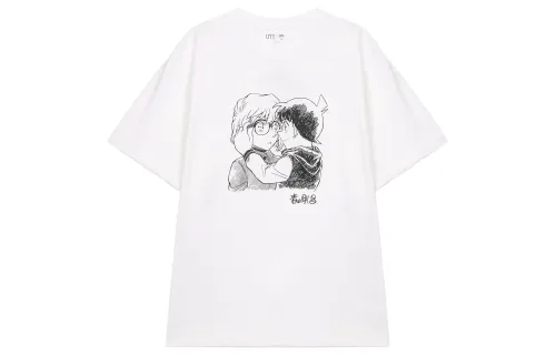 UNIQLO Detective Conan Co Branded T Shirts Unisex White Crew Neck Moderate Straight Fit