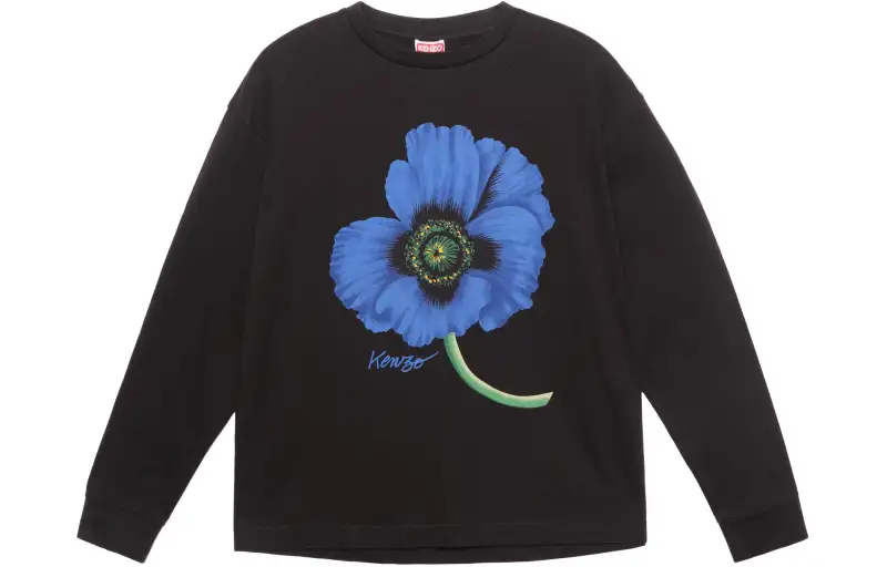 KENZO Poppy Flower Series T Shirts Men's Black Crew Neck Moderate Straight Fit