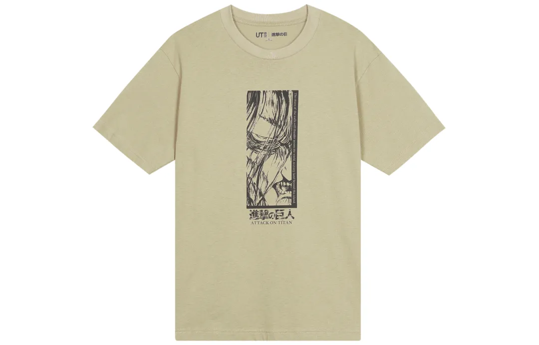 UNIQLO X Attack On Titan T Shirts Men's Beige Crew Neck Moderate Straight Fit