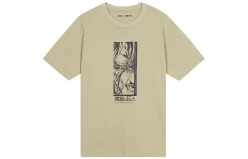 UNIQLO X Attack On Titan T Shirts Men's Beige Crew Neck Moderate Straight Fit
