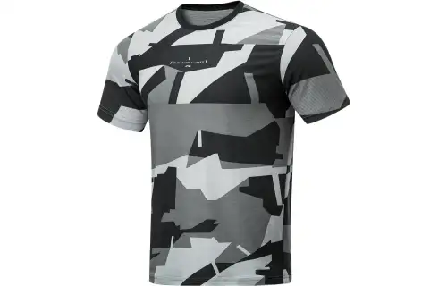 Li Ning Fitness Series T Shirts Men's Black Gray All Over Print Crew Neck Moderate Straight Fit