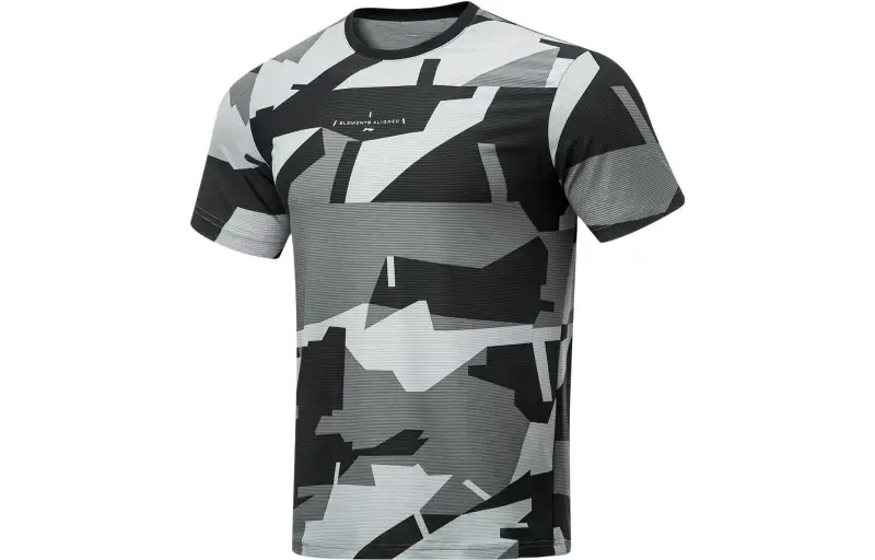 Li Ning Fitness Series T Shirts Men's Black Gray All Over Print Crew Neck Moderate Straight Fit