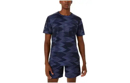 Asics Seasonal All Over Print Short Sleeve Top T Shirt Men's Marine Blue