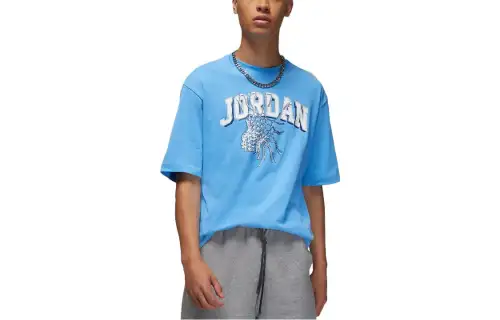 Jordan T Shirts Men's Sky Blue Crew Neck Moderate Straight Fit