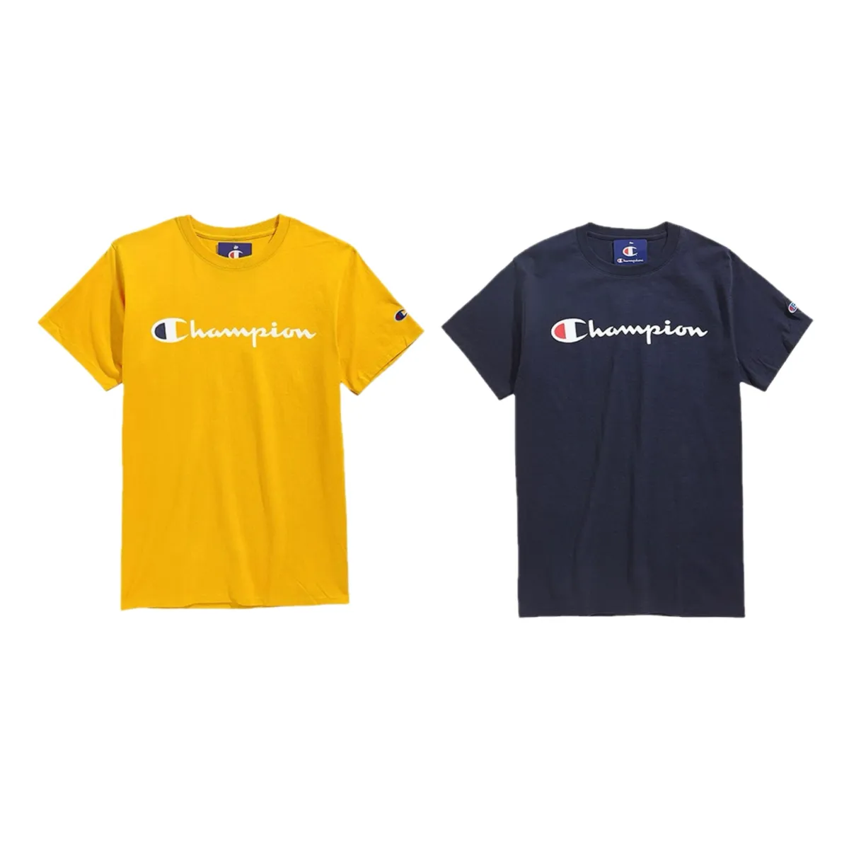 Champion T-Shirts Unisex Gold+Navy Blue Crew Neck Moderate Straight Fit