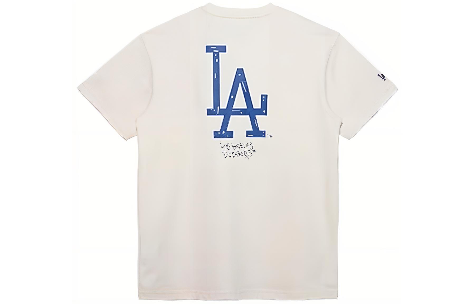 New Era MLB, retro summer trend white short sleeve T-shirt with a round collar for men and women, hand painting, American style, for beloved, ivory