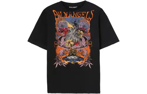 PALM ANGELS T Shirts Men's Black Crew Neck Moderate Straight Fit