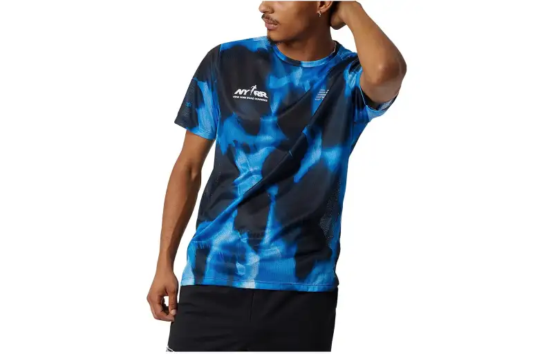 New Balance T Shirts Men's Blue Crew Neck Moderate Straight Fit