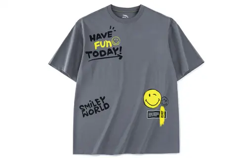 ANTA X SmileyWorld T Shirts Unisex Mist Gray Crew Neck Moderate Straight Fit