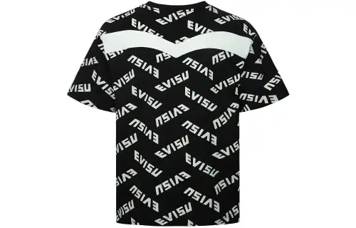 EVISU T Shirts Men's Black All Over Print Crew Neck Moderate Straight Fit