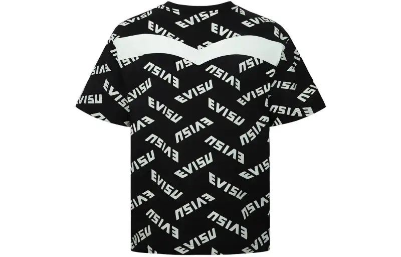 EVISU T Shirts Men's Black All Over Print Crew Neck Moderate Straight Fit