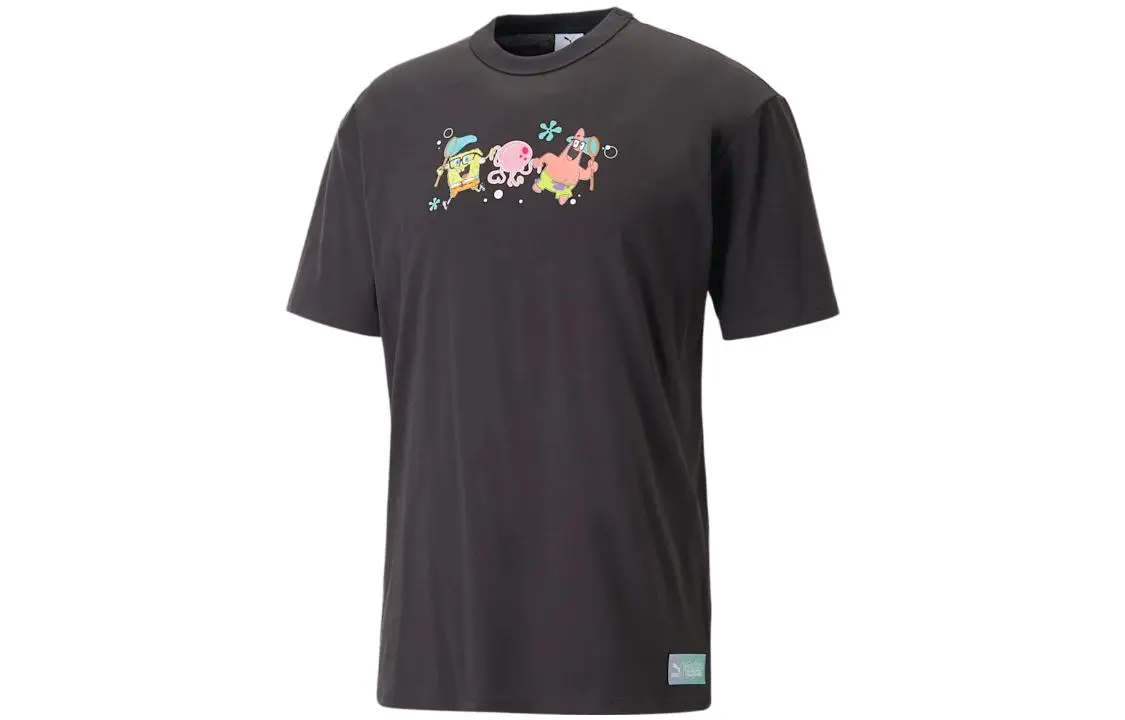 PUMA X SPONGEBOB T-Shirts Unisex Black Crew Neck Moderate Straight Fit