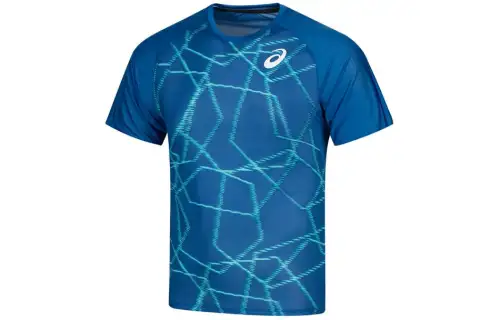 ASICS T Shirts Men's Blue Print Crew Neck Thin Other