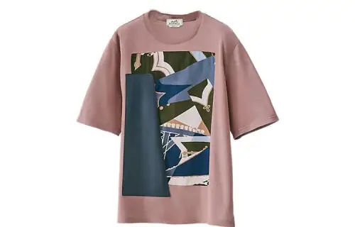 HERMES T Shirts Men's Pink Crew Neck Straight Fit