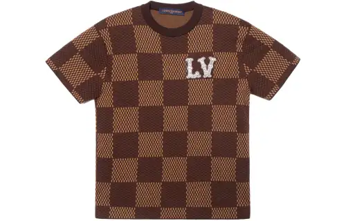 LOUIS VUITTON Short Sleeved Cotton Damier Crewneck With Crystal Lv Patch