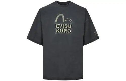 EVISU FW23 3D Logo Embroidery Spray Dyed Oversized Fit T-Shirt Logo Embroidery Spray Dyed Round Neck Pullover Short Sleeve T-Shirt Men's Charcoal Black