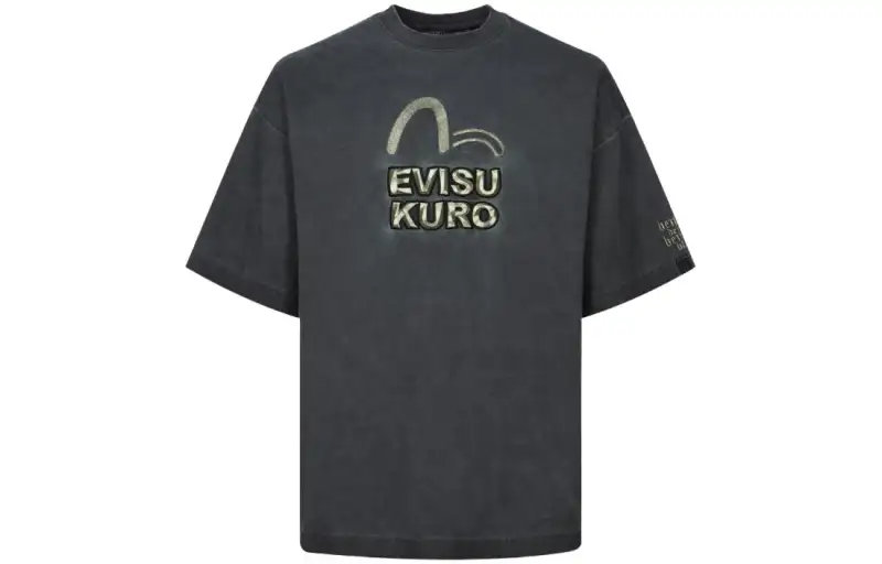 EVISU FW23 3D Logo Embroidery Spray Dyed Oversized Fit T-Shirt Logo Embroidery Spray Dyed Round Neck Pullover Short Sleeve T-Shirt Men's Charcoal Black