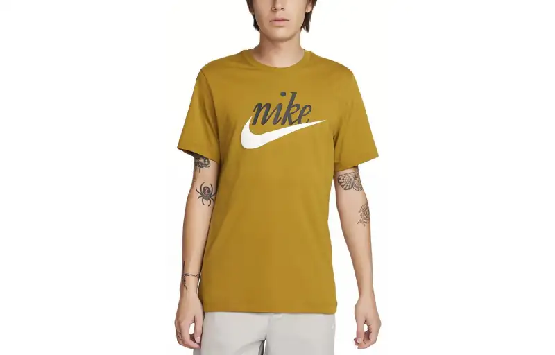Nike T Shirts Men's Earth Yellow Crew Neck Moderate Straight Fit
