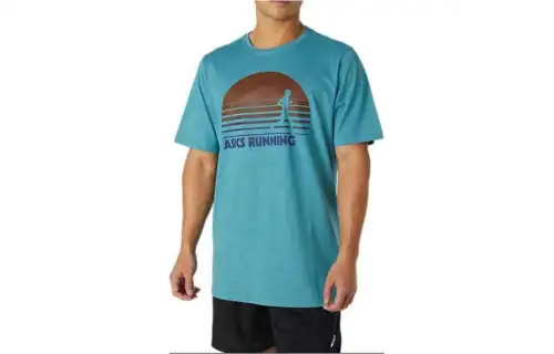 ASICS SUNRISE RUNNER T Shirts Men's Cyan Crew Neck Moderate Straight Fit