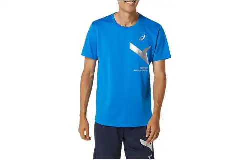 ASICS T Shirts Unisex Blue Crew Neck Moderate Straight Fit