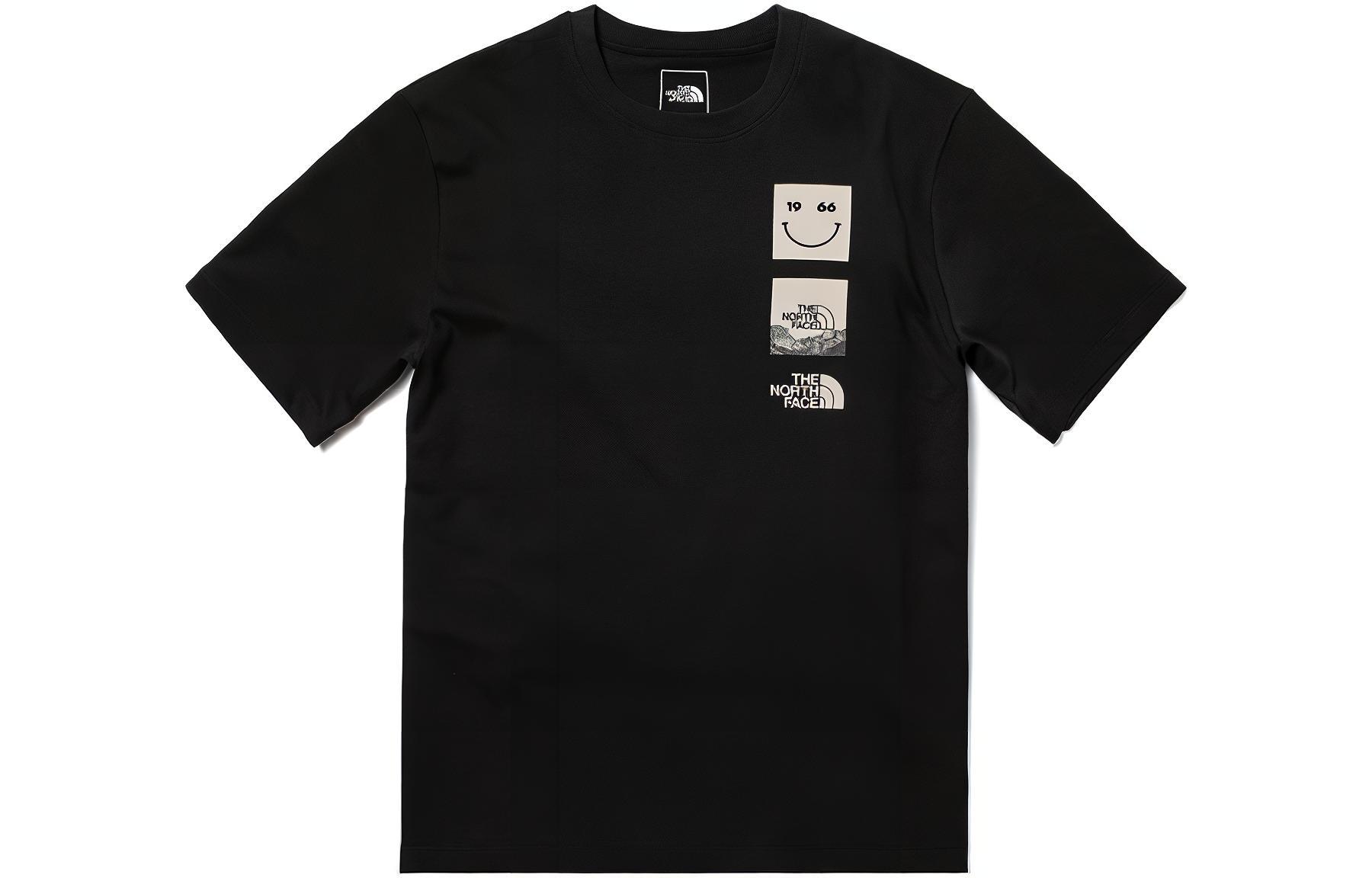 The north face, travel retro breathable black T-shirt with a round collar for men and women, American style, with your logo imprint, print, absorbs sweat and smell