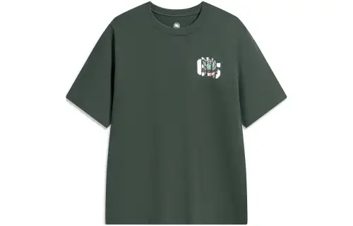 Li Ning T Shirts Unisex Dark Green Crew Neck Moderate Straight Fit
