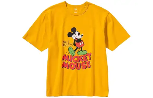 UNIQLO X Disney T Shirts Unisex Lemon Yellow Crew Neck Moderate Straight Fit