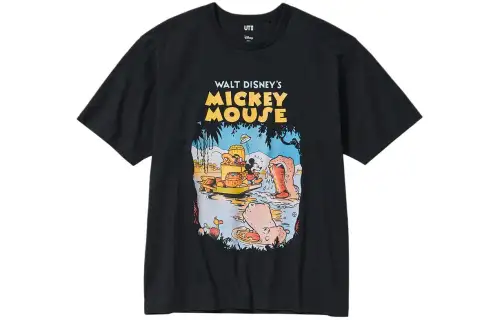 UNIQLO X Disney Co Brand T Shirts Unisex Black Crew Neck Moderate Straight Fit