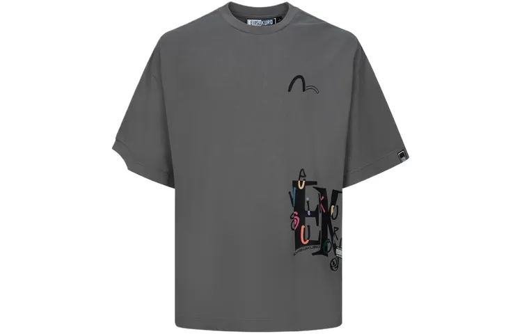 EVISU T Shirts Men's Charcoal Gray Crew Neck Moderate Straight Fit