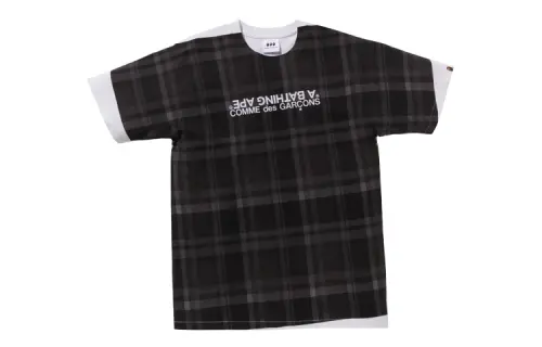 BAPE x COMME DES GARCONS SHIRT joint model FW23 plaid logo letter pattern printed round neck short-sleeved T-shirt men's gray