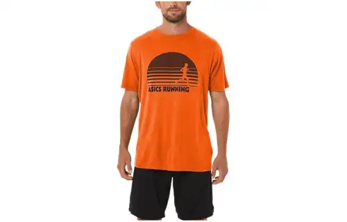 ASICS SUNRISE RUNNER T Shirts Men's Orange Crew Neck Moderate Straight Fit