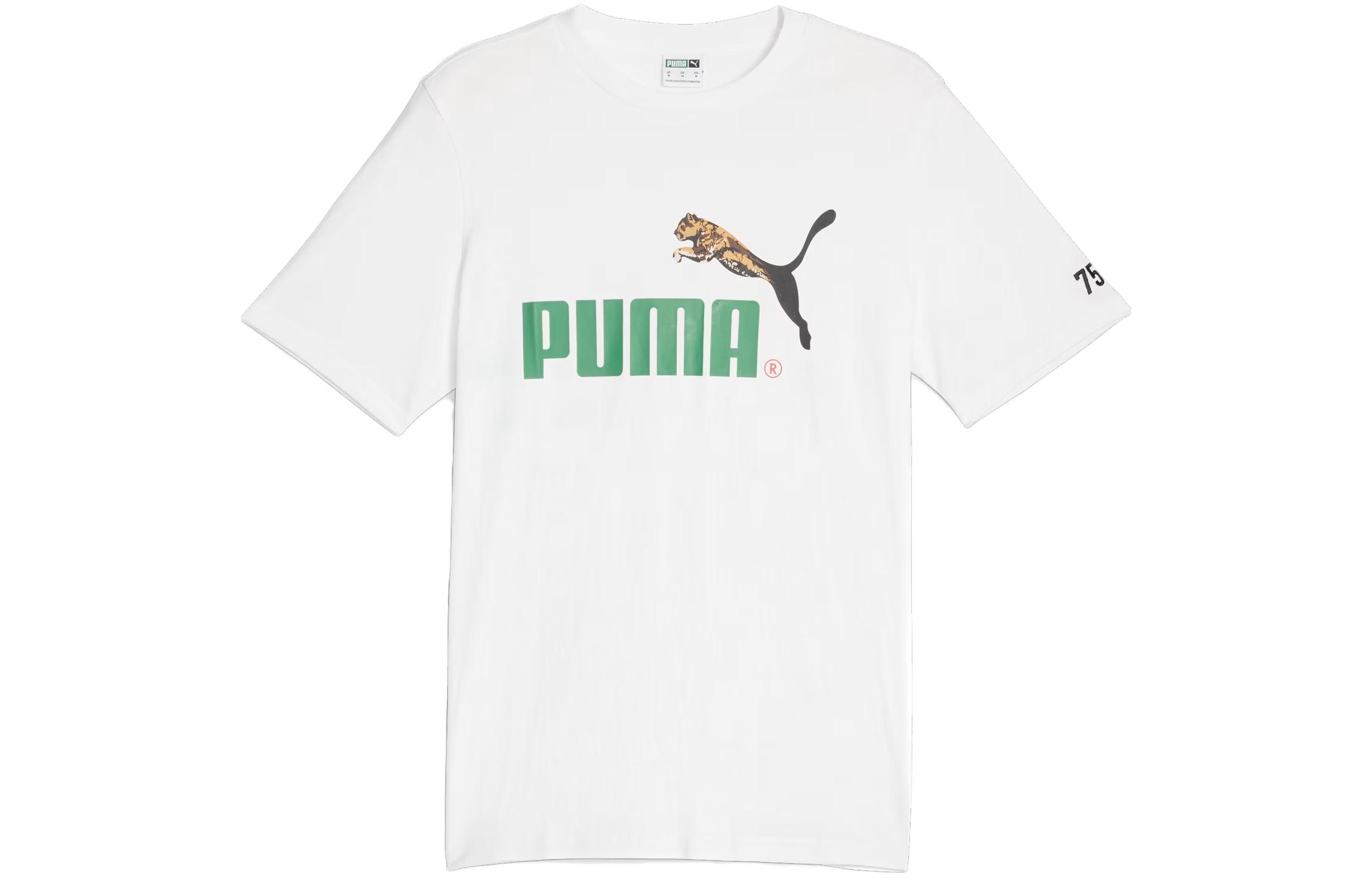 PUMA Puma CLASSICS Logo Puma 75th Year Anniversary Celebration Animal Print Embroidered Round Neck Short Sleeve T-Shirt Unisex White