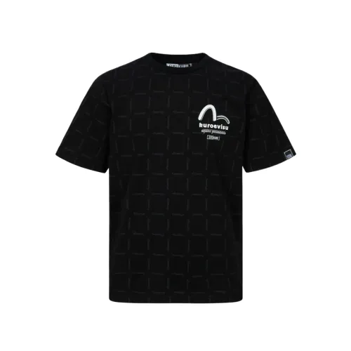 EVISU T Shirts Men's Black All Over Print Crew Neck Moderate Straight Fit