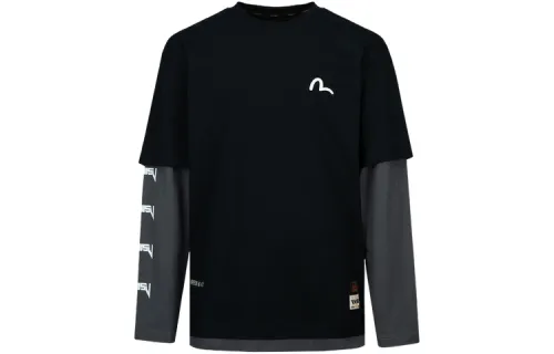 EVISU T Shirts Men's Black Crew Neck Moderate Mock Two Piece