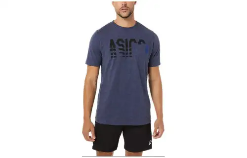 Asics Short Sleeve Striped Pocket Tee T Shirt Unisex Dark Blue