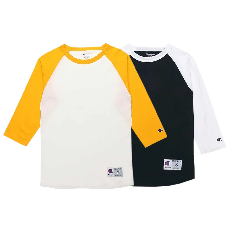 Champion T-Shirts Unisex White Base Yellow+Black With White Crew Neck Moderate Straight Fit