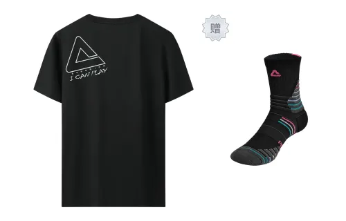 PEAK T Shirts Men's Black With Socks Crew Neck Moderate Straight Fit