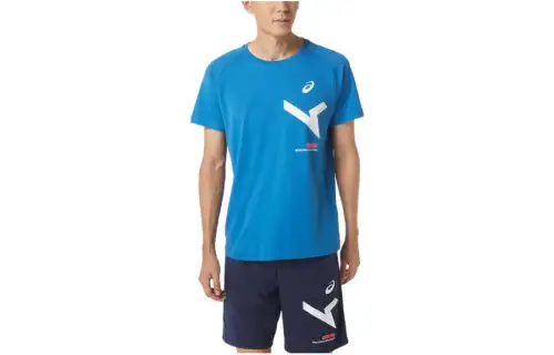 ASICS T Shirts Men's Blue Crew Neck Moderate Straight Fit