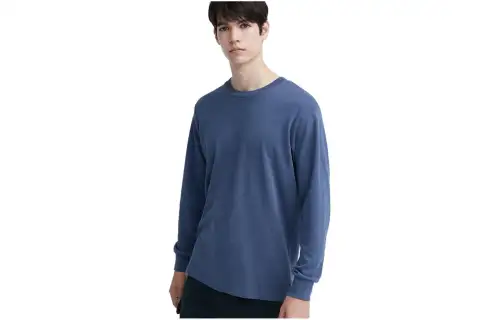 UNIQLO T Shirts Men's Sea Blue 67 Crew Neck Moderate Straight Fit