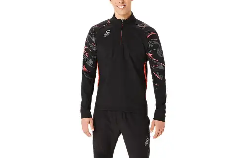 ASICS Wind Barrier T Shirts Men's Black Stand Collar Moderate Straight Fit