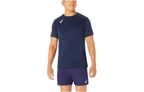 ASICS T Shirts Men's Dark Blue Crew Neck Moderate Straight Fit