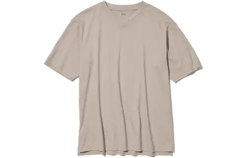 UNIQLO T Shirts Unisex Light Beige V Neck Moderate