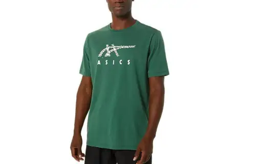 ASICS HOLIDAY LIGHTS T Shirts Men's Green Crew Neck Moderate Straight Fit