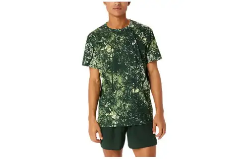 Asics Running Graphic Print Short Sleeve Shirt T Shirt Men's Green